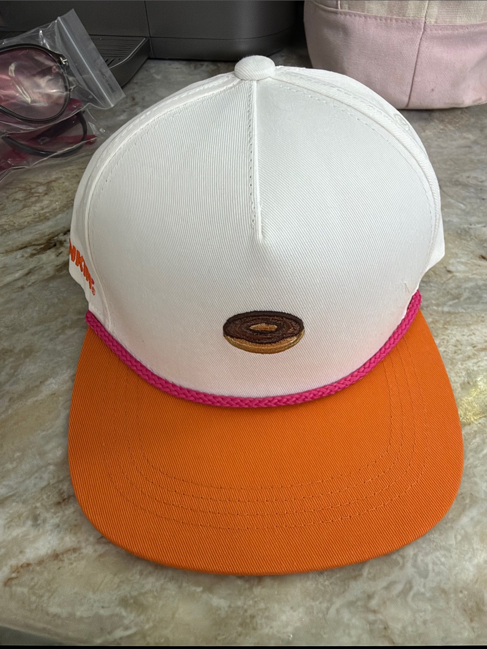 White & Orange Dunkin Donut Patch Baseball Cap with Pink Trim